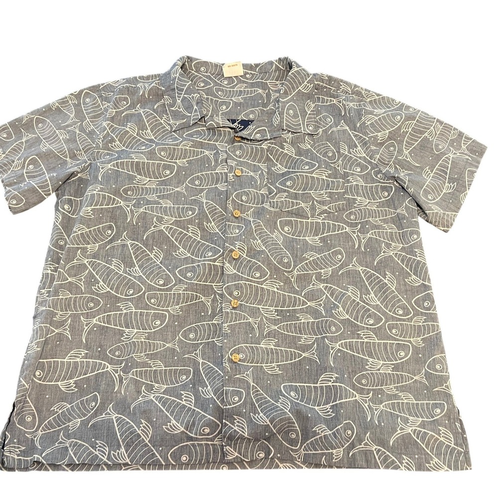 Barefoot In‎ Paradise Mens XL Blue Fish Print Short Sleeve Button Up Camp Shirt